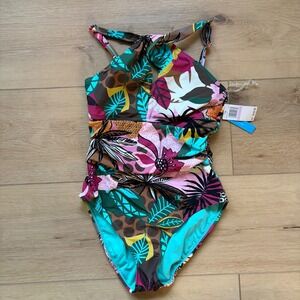 Bleu Rod Beattie Womens Tropical Floral Animal Print Halter One Piece Swimsuit 6